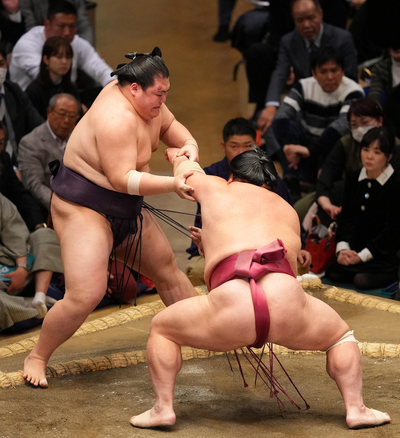 大栄翔（右）を引き落としで破る王鵬（撮影・横山健太）
