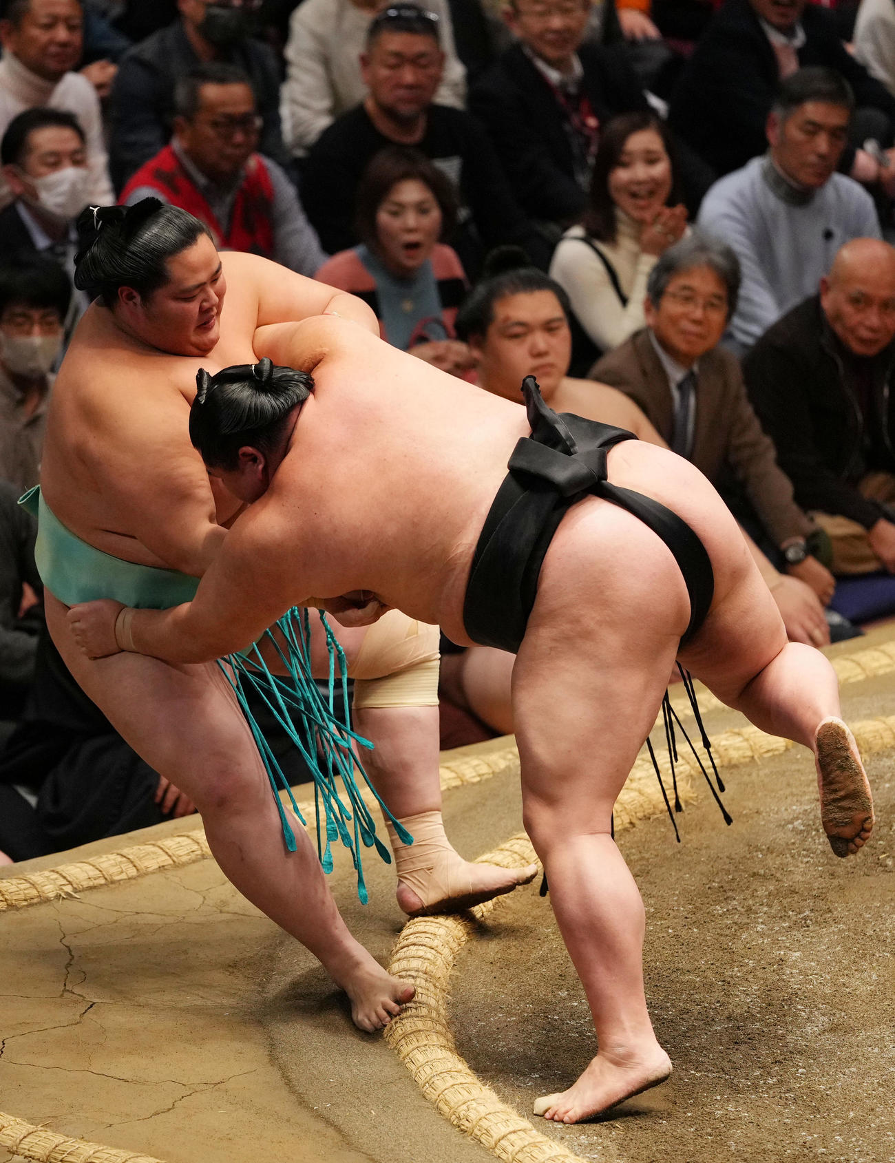 琴桜（左）を寄り倒しで破る正代（撮影・横山健太）