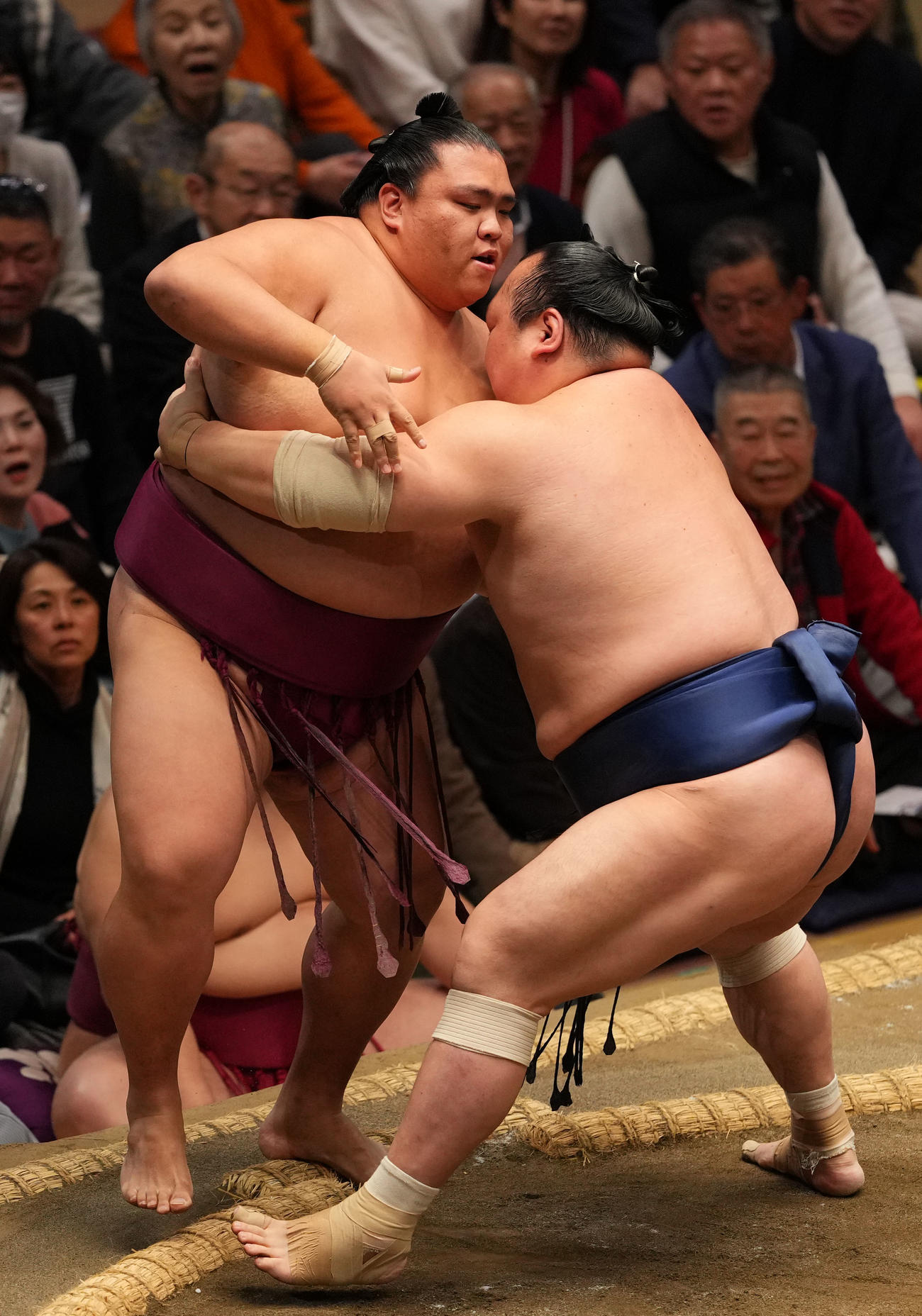 御嶽海（左）を寄り切りで破る宝富士（撮影・横山健太）