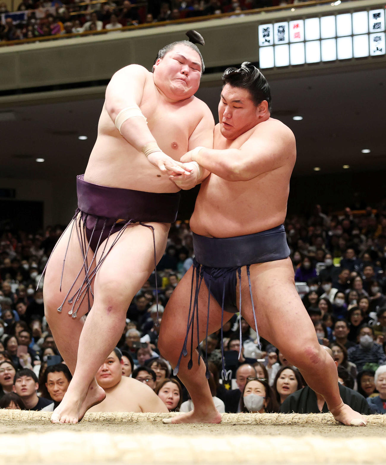 王鵬（左）を攻める豊昇龍（撮影・鈴木正人）