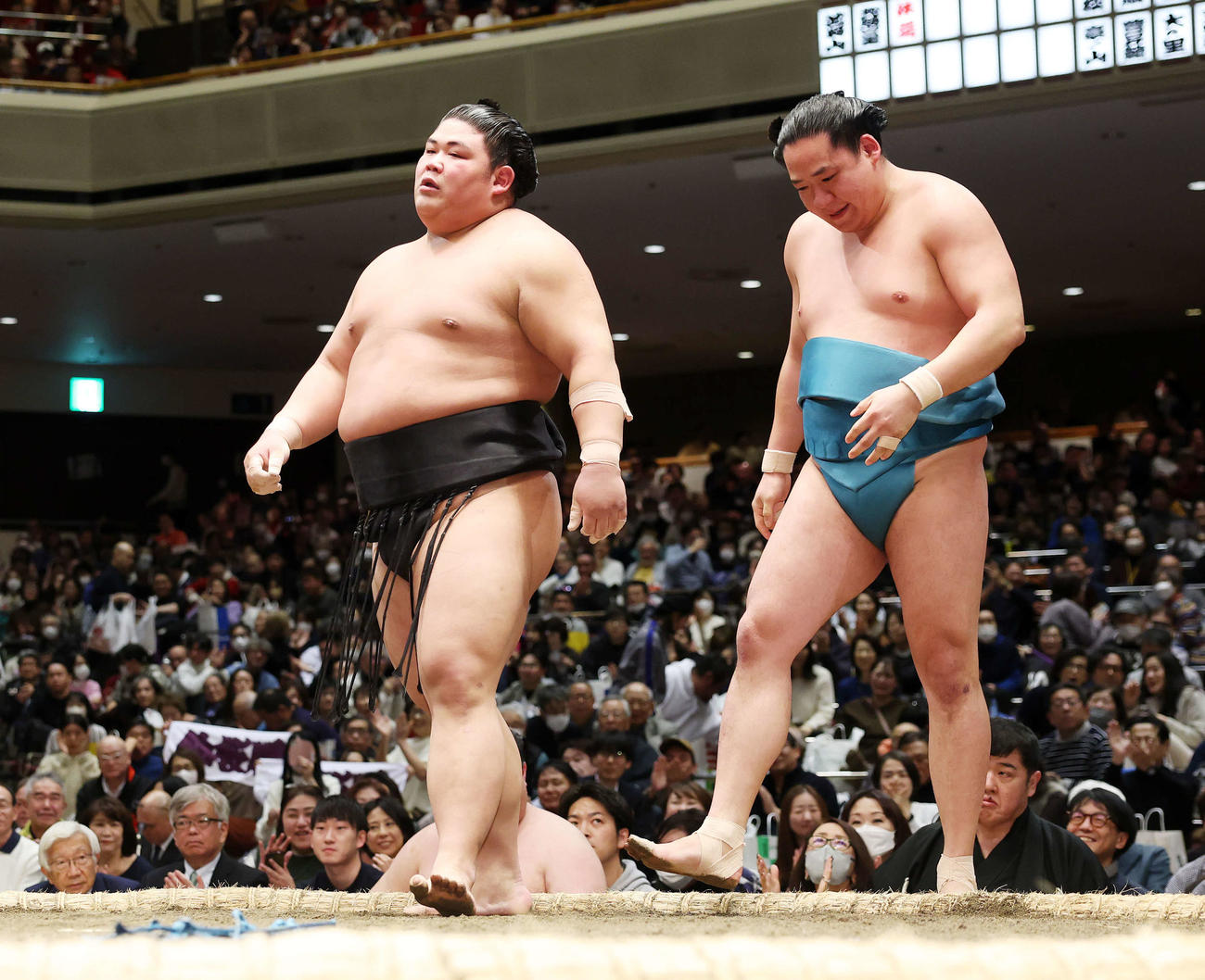 玉正鳳（右）を寄り切りで破った伯桜鵬（撮影・鈴木正人）