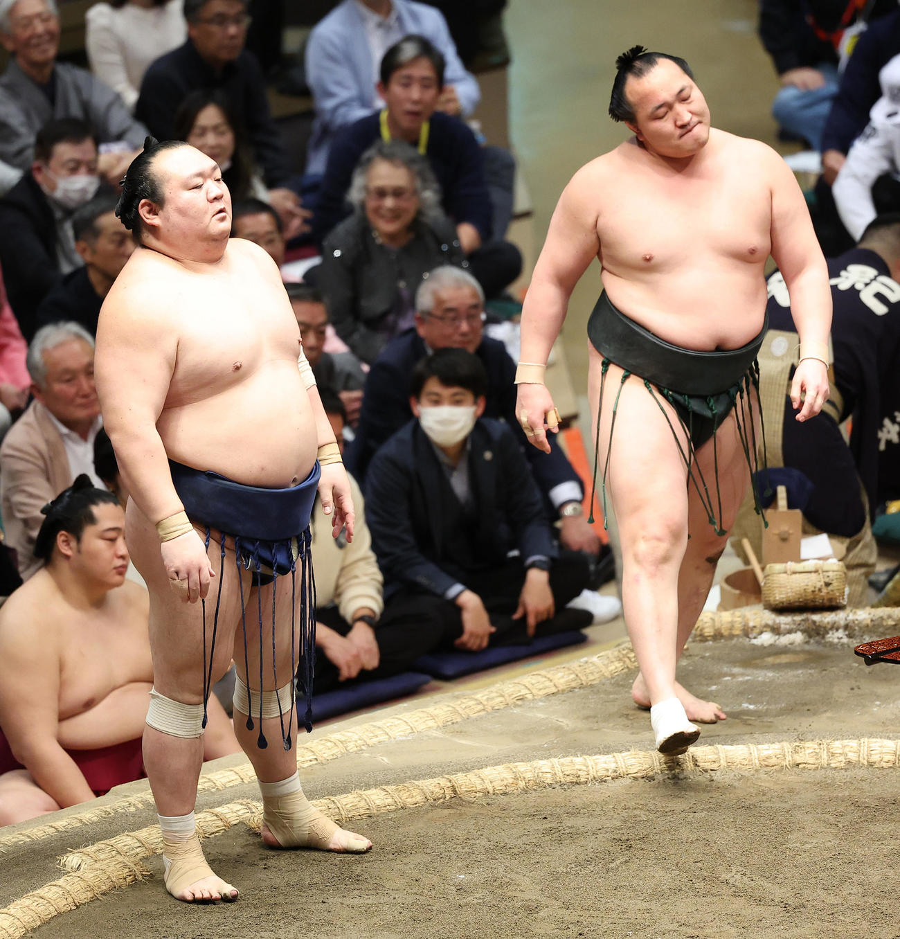 宝富士（左）に敗れ小首をかしげる千代翔馬（撮影・中島郁夫）