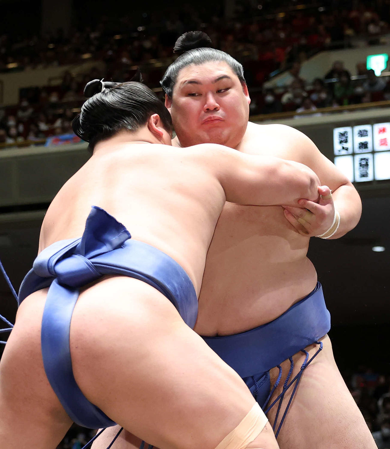 若隆景（左）を攻める大の里（撮影・鈴木正人）