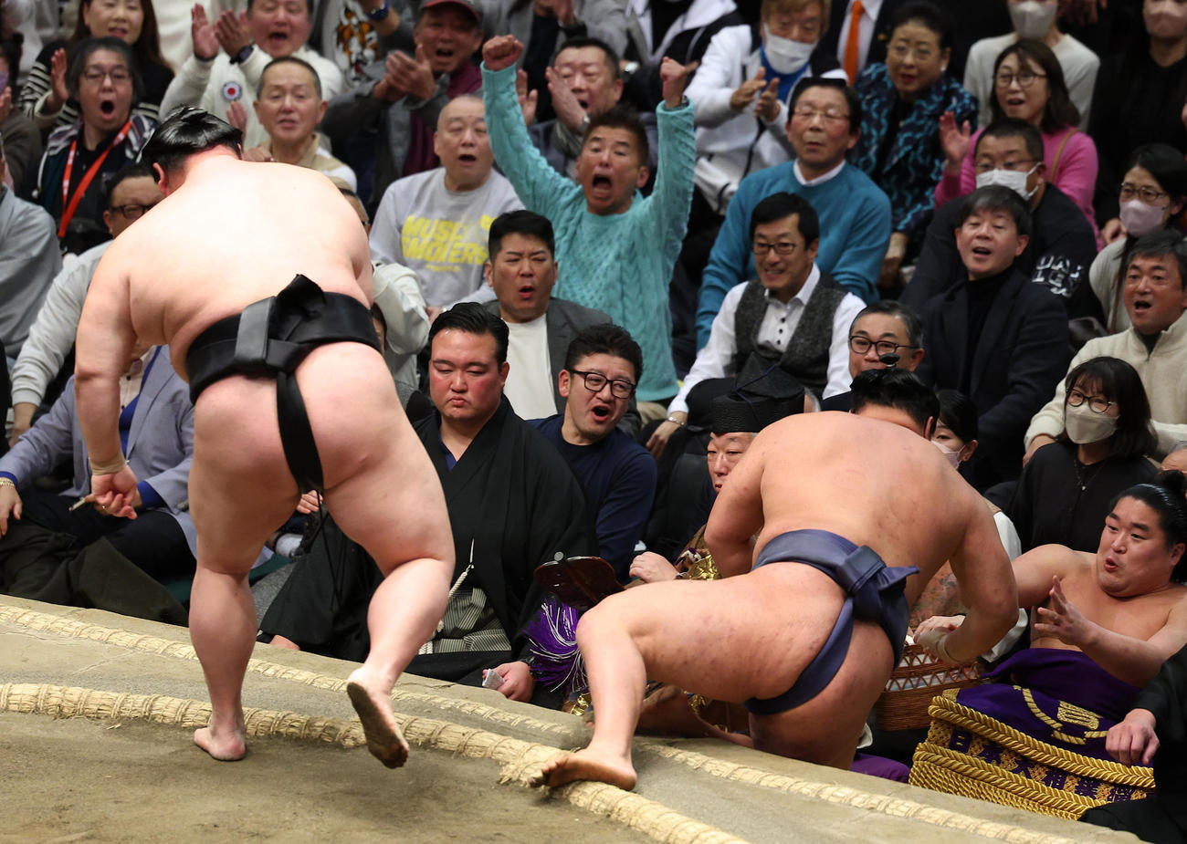 豊昇龍（右）を押し倒しで破る正代。客席では観戦する勝俣州和が渾身（こんしん）のガッツポーズ（撮影・中島郁夫）