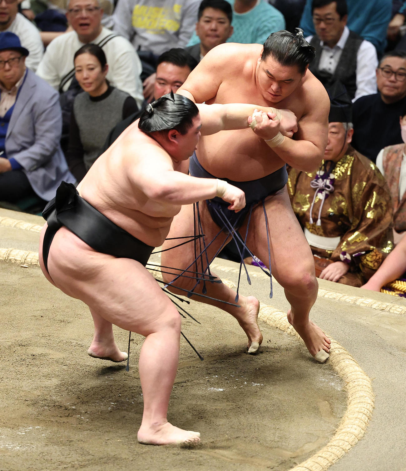 豊昇龍（右）を押し倒しで破る正代（撮影・中島郁夫）
