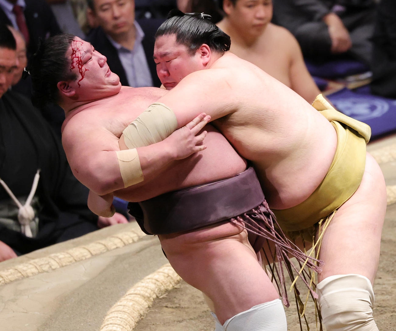 輝（右）に寄りきりで敗れた紫雷は流血（撮影・野上伸悟）