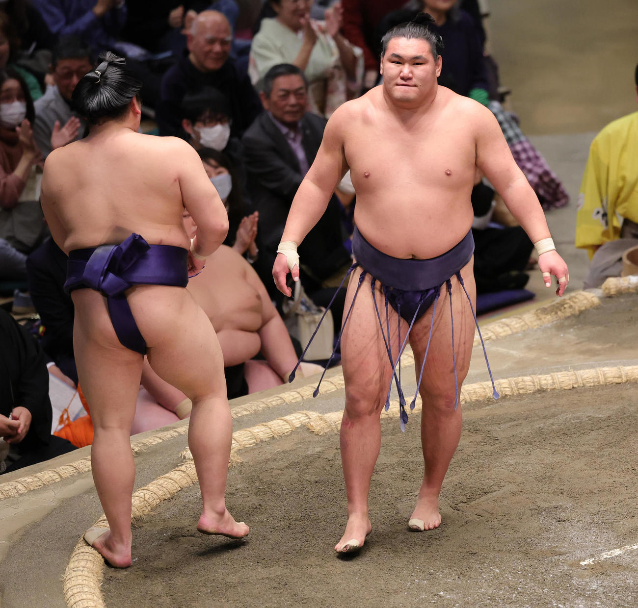 平戸海（左）に突き落としで敗れた豊昇龍（撮影・野上伸悟）