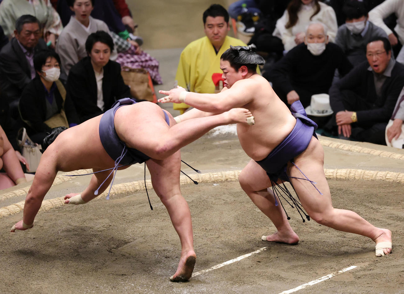 豊昇龍（手前）を突き落としで破る平戸海（撮影・野上伸悟）
