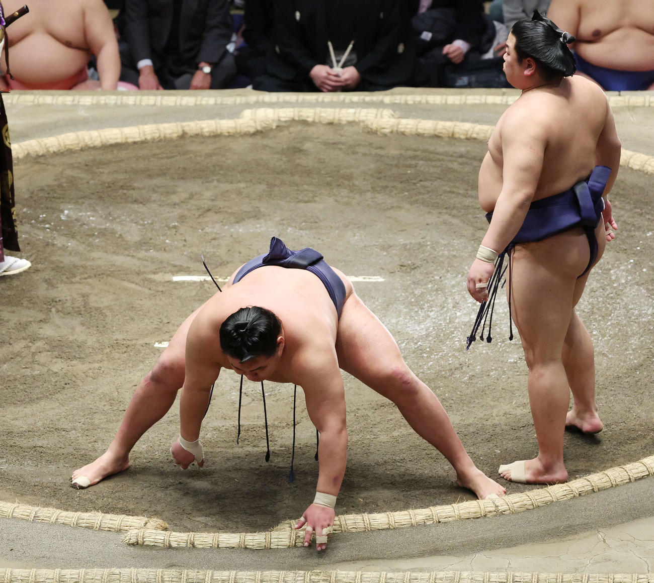 突き落としで平戸海（右）に敗れた豊昇龍（撮影・宮地輝）