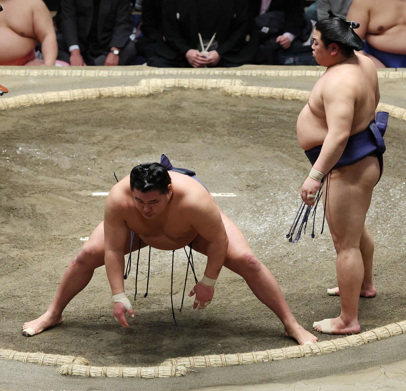 突き落としで平戸海（右）に敗れた豊昇龍（撮影・宮地輝）