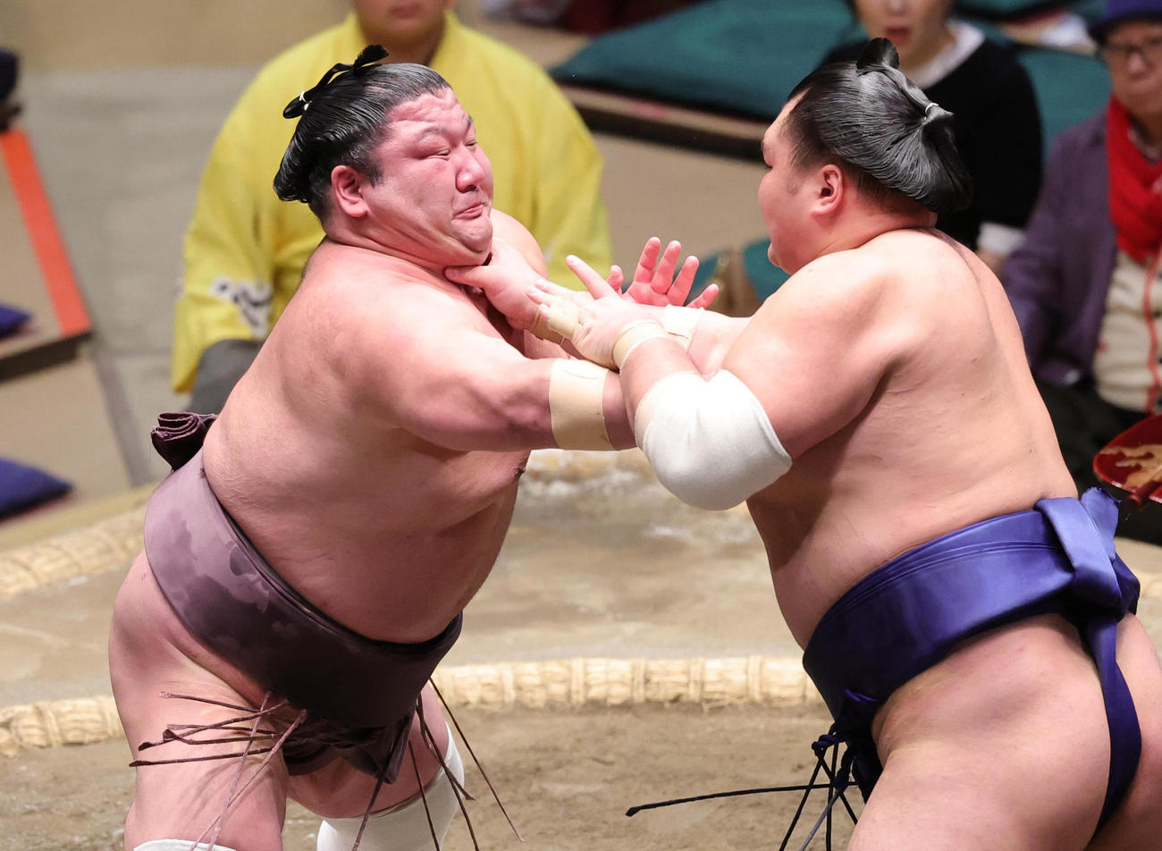 栃大海（右）を寄りきりで破った紫雷（撮影・野上伸悟）