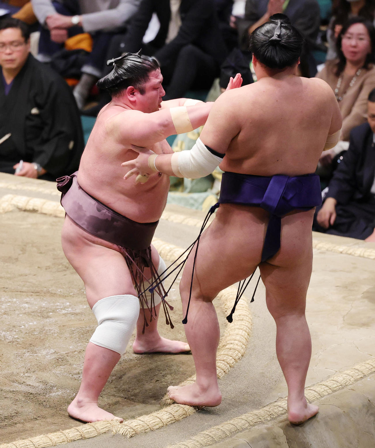 栃大海（右）を寄りきりで破った紫雷（撮影・野上伸悟）