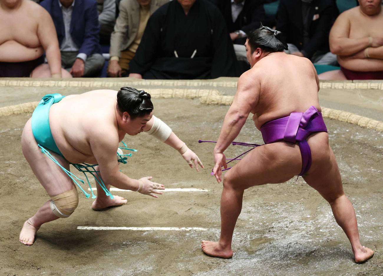 突き落としで一山本（左）を破る尊富士（撮影・宮地輝）