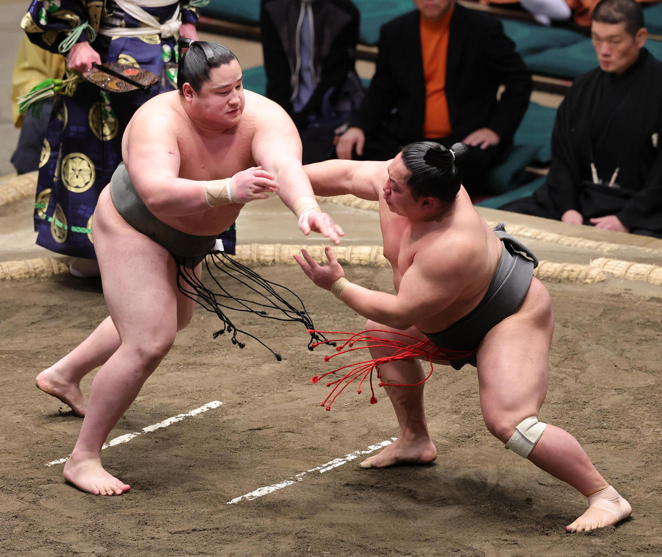 宮城（右）を押したおしで破った若ノ勝（撮影・野上伸悟）