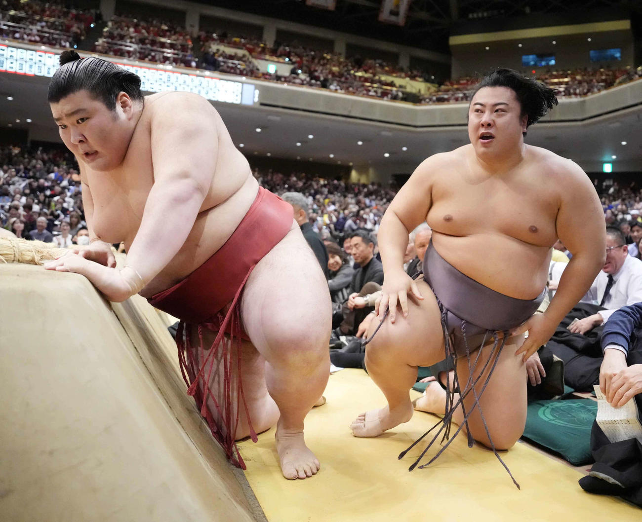 翔猿（右）は寄り切りで破った熱海富士といっしょに土俵下に転げ落ちる（撮影・小沢裕）