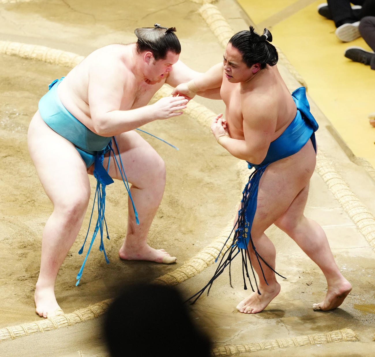 琴栄峰（右）を寄り切りで破る獅司（撮影・江口和貴）