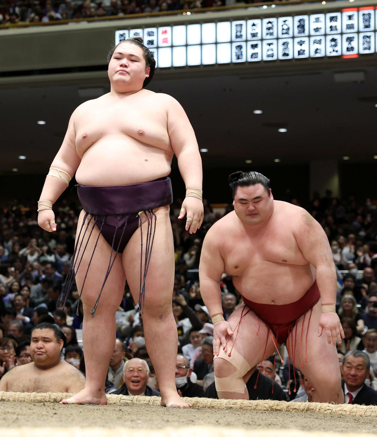 隆の勝（右）を突き落としで破った王鵬（撮影・鈴木正人）