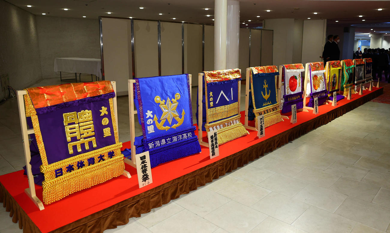 大の里大関昇進披露宴の会場に飾られた化粧まわし（代表撮影）