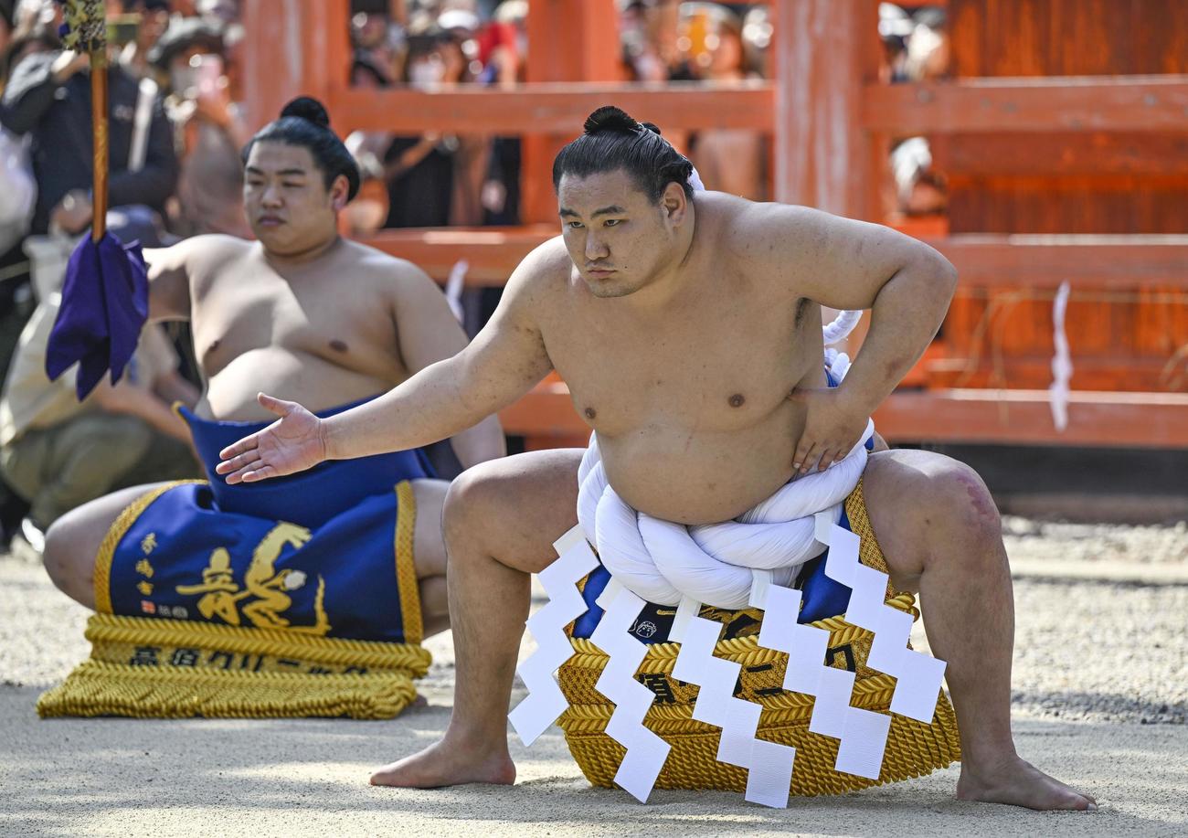 奉納土俵入りを披露する新横綱豊昇龍＝1日、大阪市の住吉大社（共同）