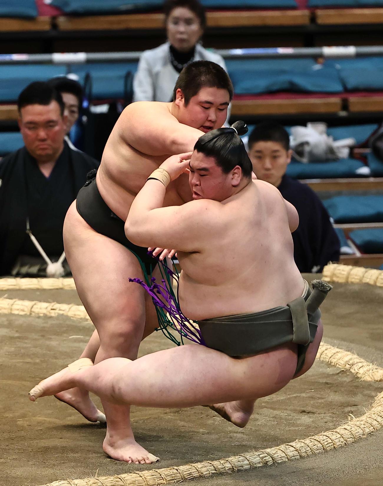 大相撲大阪場所初日　相馬に突き倒しで勝利した福崎（撮影・上田博志）