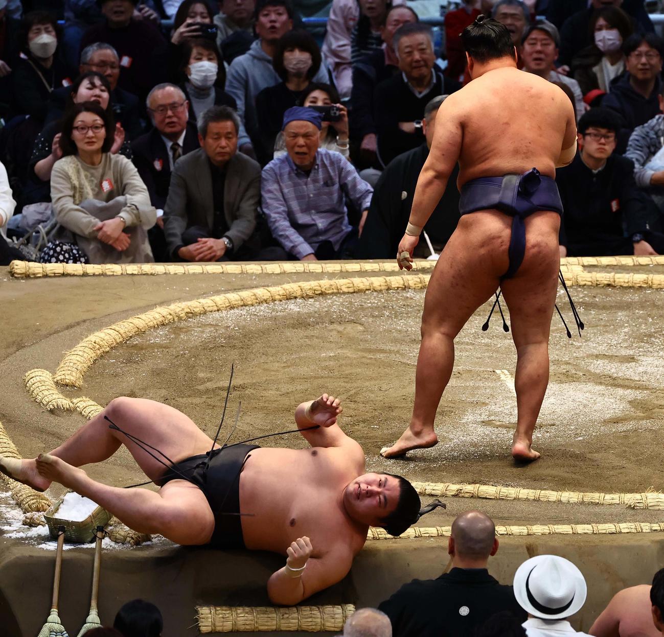 豊昇龍（右）に首投げで敗れる若元春（撮影・上田博志）