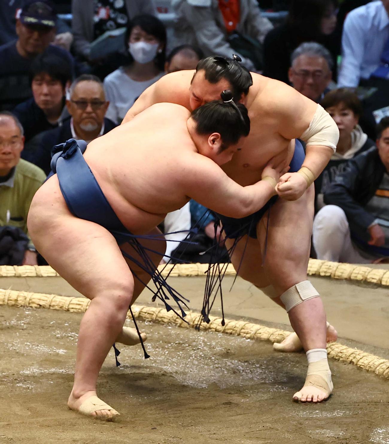 宝富士（右）に寄り切りで勝つ阿武剋（撮影・上田博志）
