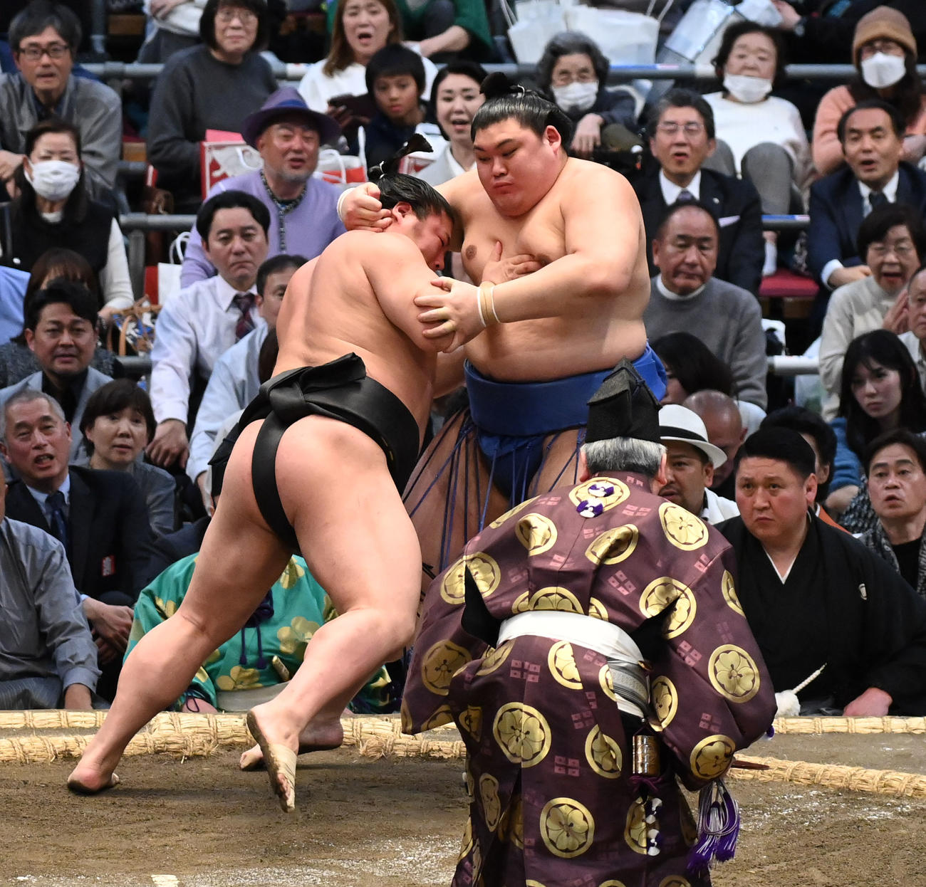 若元春（左）は押し出しで大の里を破る