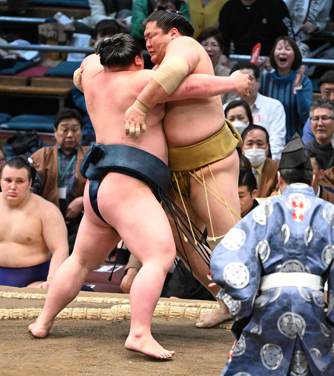 輝（右）を寄り切りで破る白熊（撮影・和賀正仁）