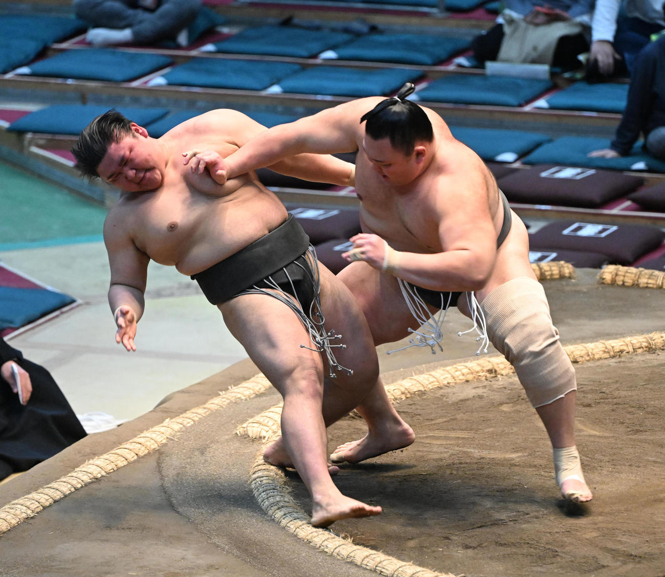 碇潟（左）を押し倒しで破る朝乃山（撮影・和賀正仁）