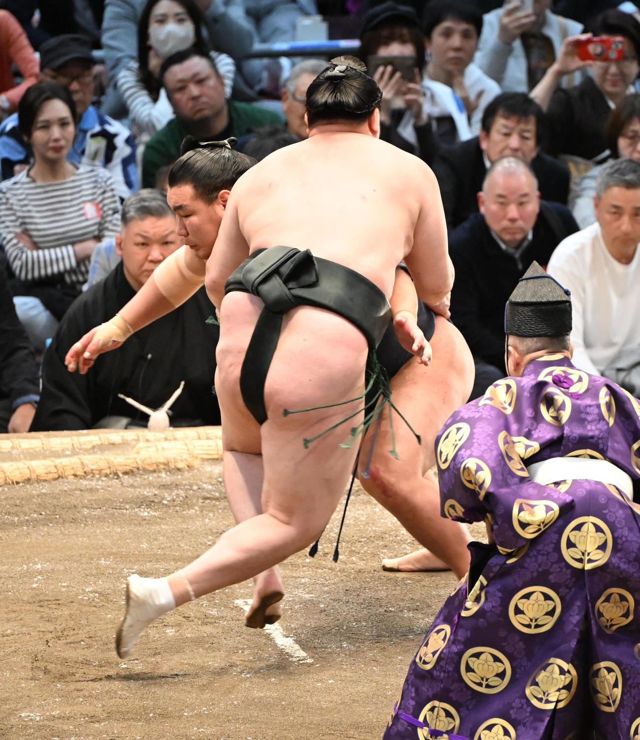 豊昇龍を寄り切りで破る千代翔馬（撮影・和賀正仁）