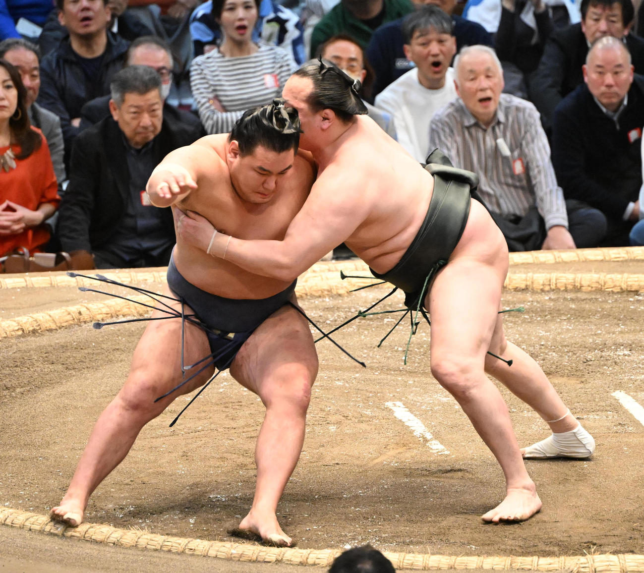 豊昇龍を寄り切りで破る千代翔馬（撮影・和賀正仁）