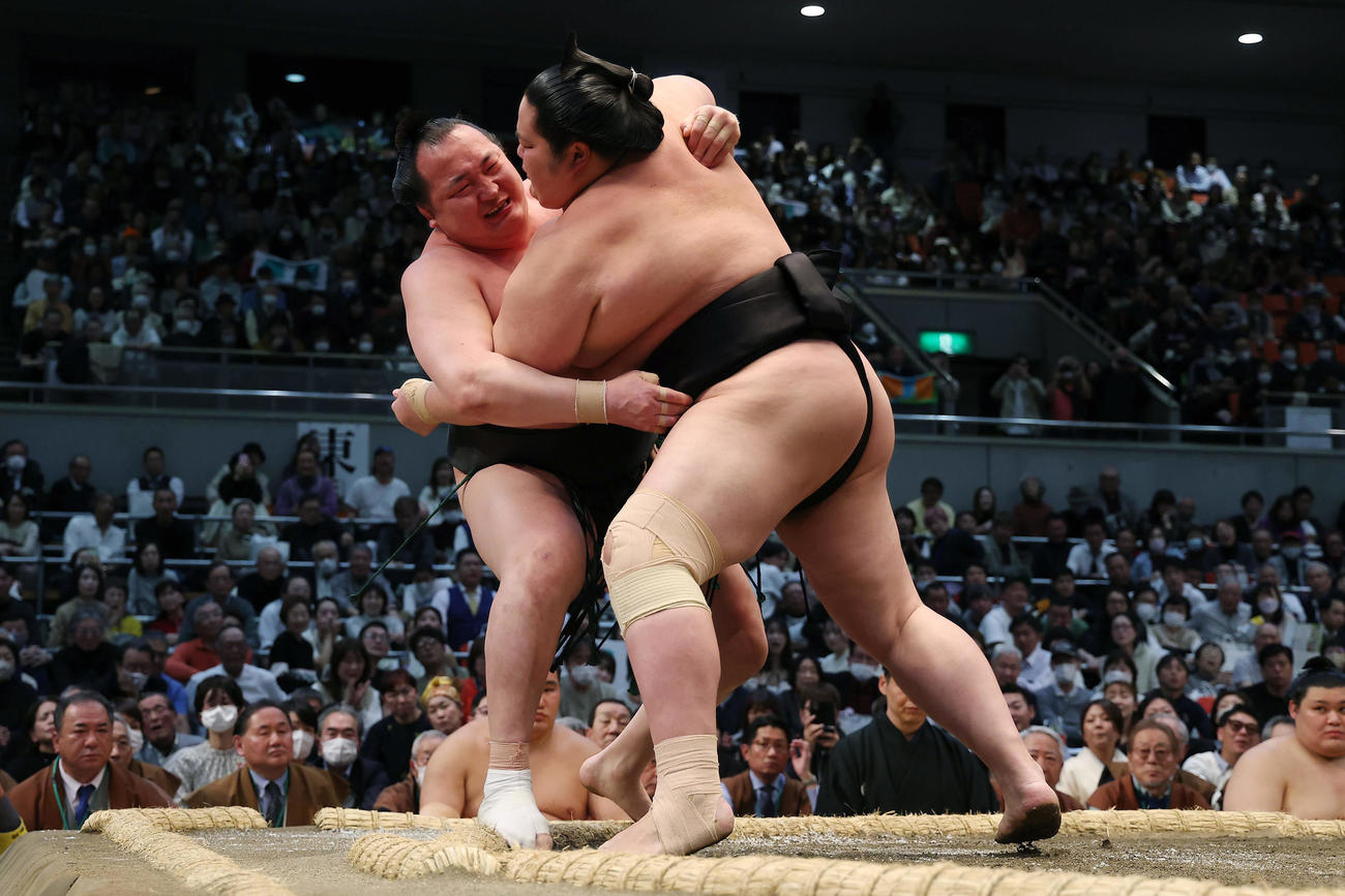千代翔馬（左）を押し出しで破る琴桜（撮影・前田充）