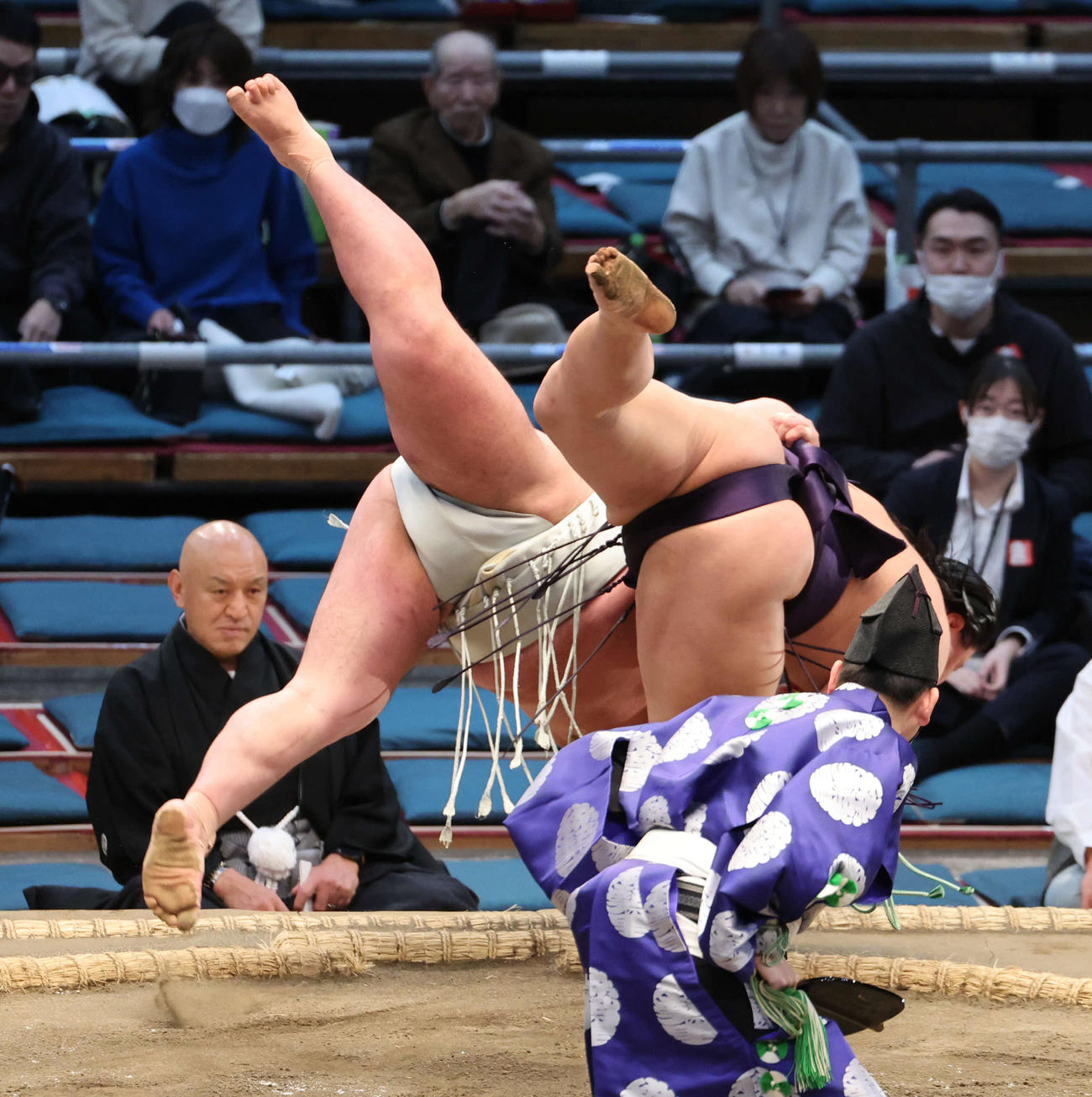 大相撲春場所6日目　草野（右）は日翔志との投げの打ち合いを制し全勝をキープ（撮影・西尾就之）