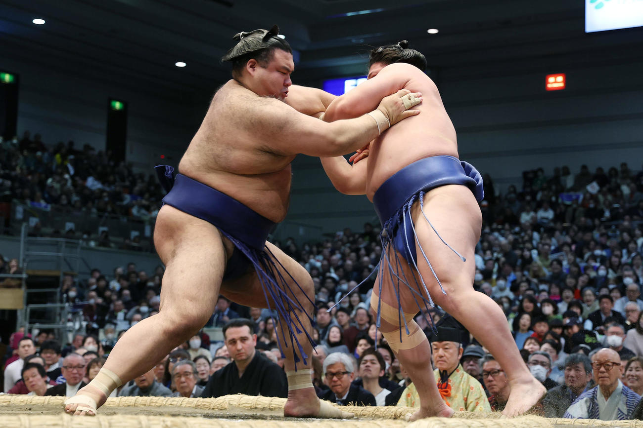 若隆景（右）を押し出しで破る高安（撮影・前田充）