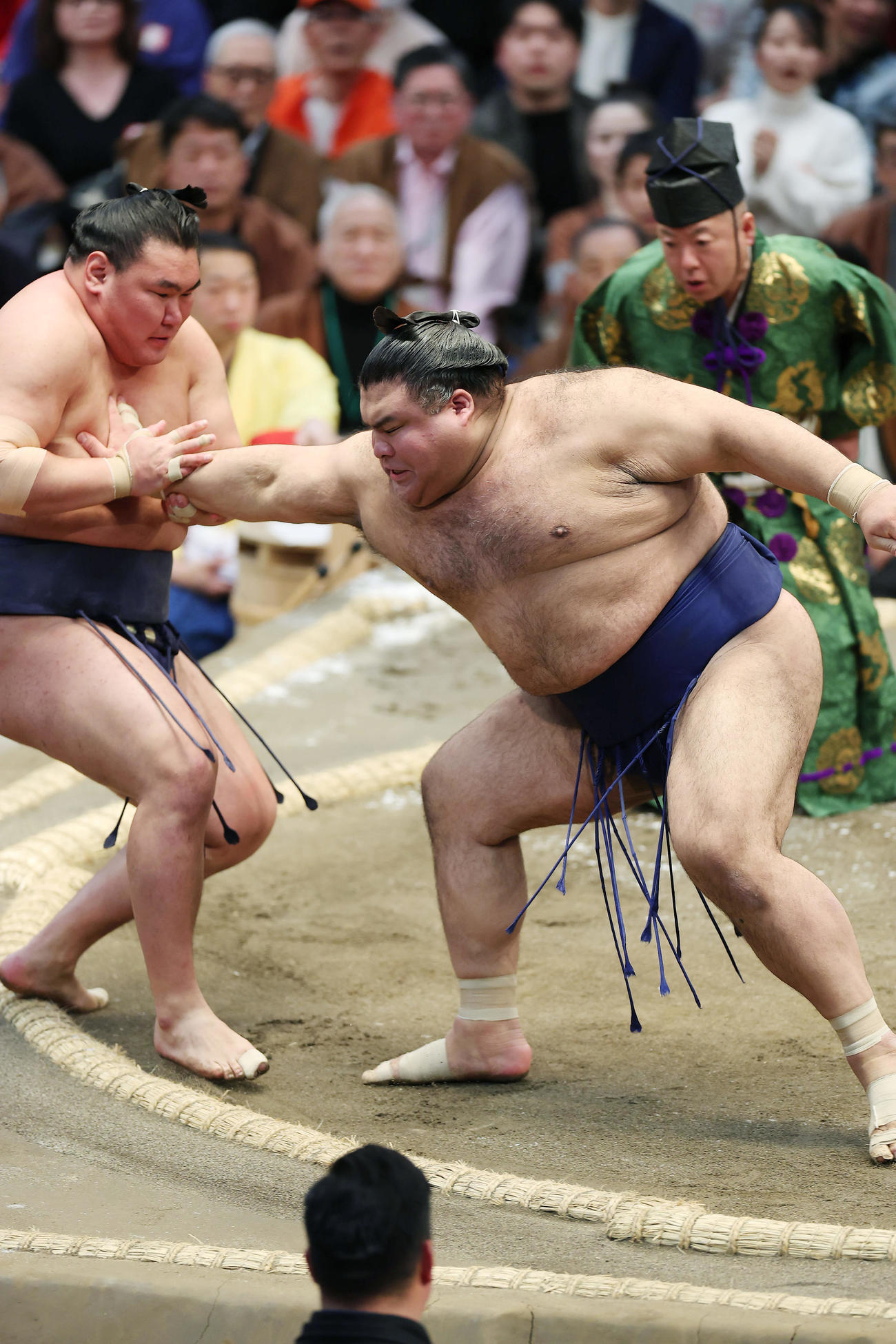 豊昇龍（左）を押し倒しで破る高安（撮影・前田充）