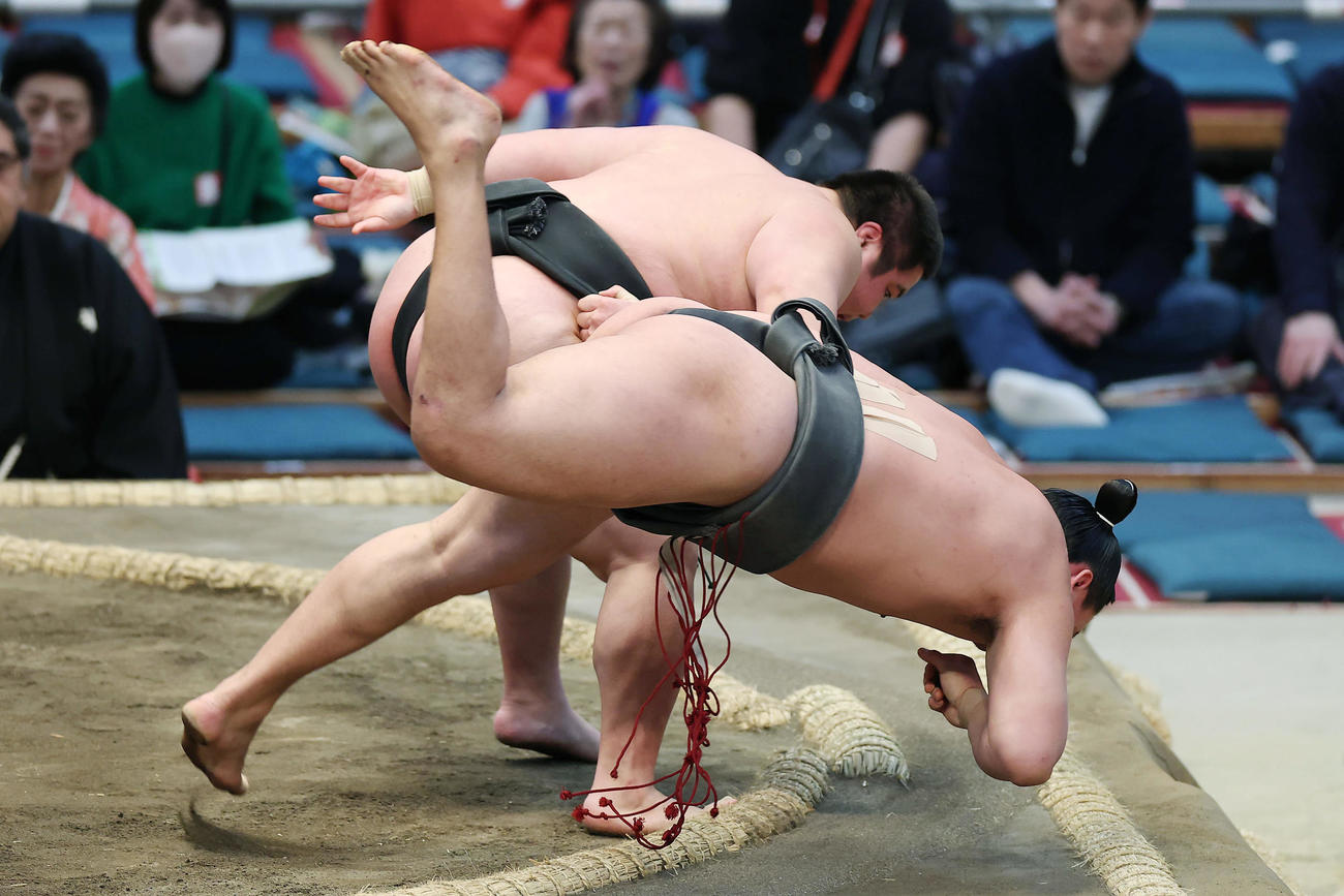 聖白鵬（手前）を下手投げで破る福崎（撮影・前田充）