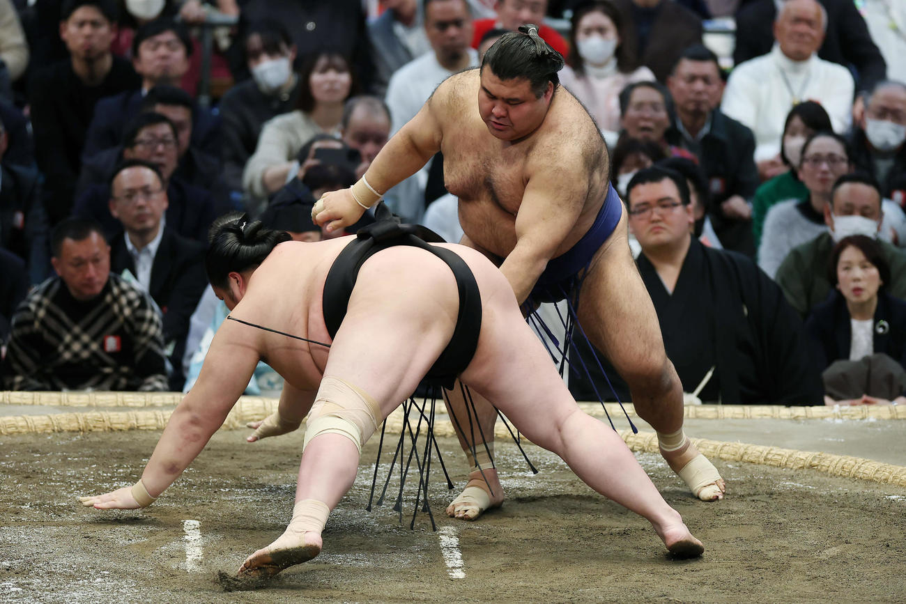 琴桜（左）を下手出し投げで破る高安（撮影・前田充）
