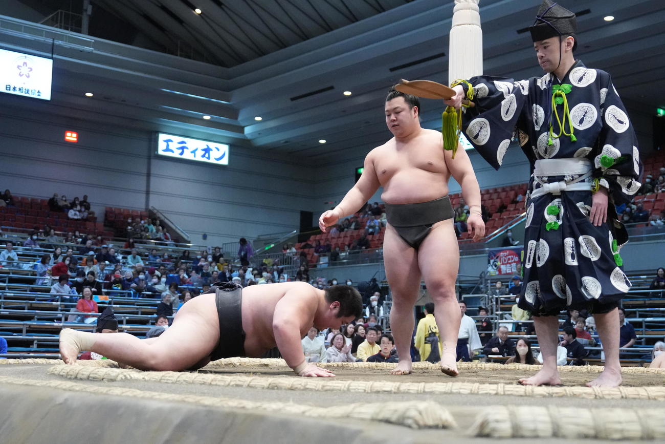 取り直しの一番で福崎（左）は川副に突き落としで敗れる（撮影・小沢裕）