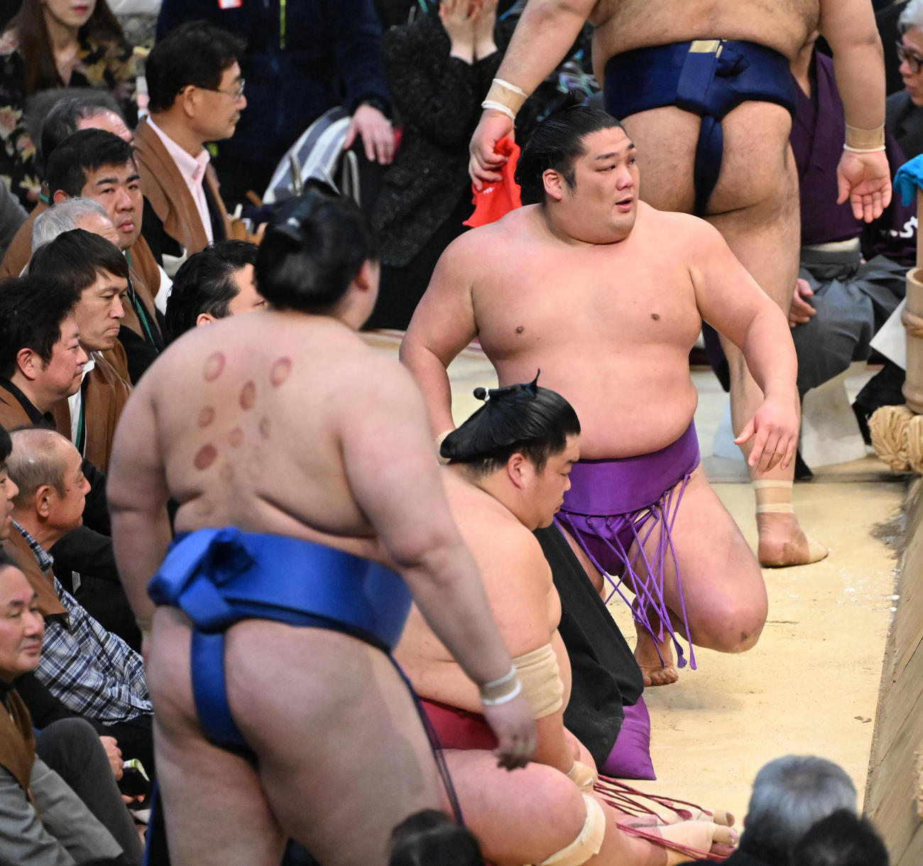 大の里（左）にはたき込みで敗れた尊富士（撮影・和賀正仁）