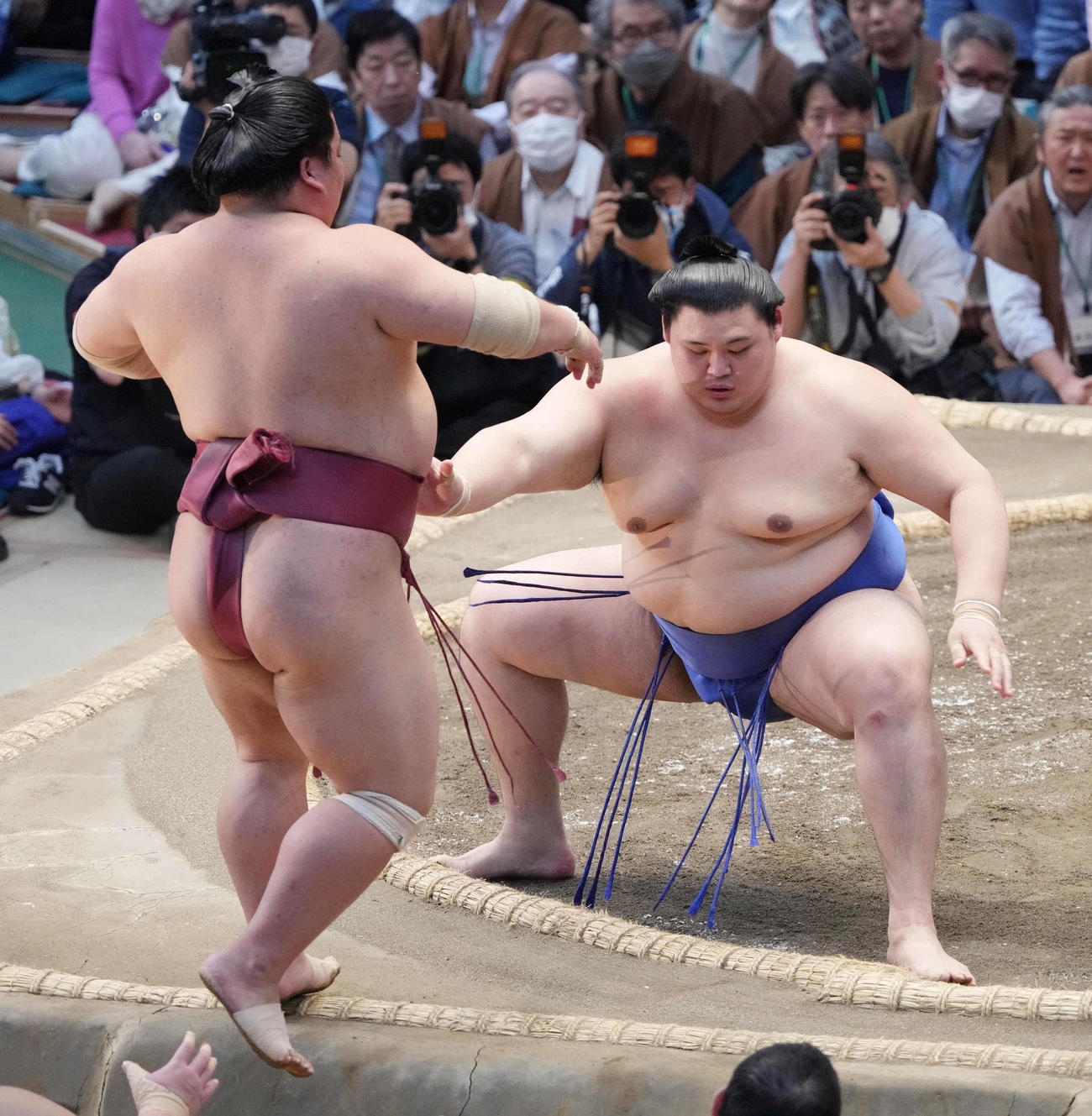 大栄翔（左）を土俵際へ攻め込む大の里（撮影・小沢裕）