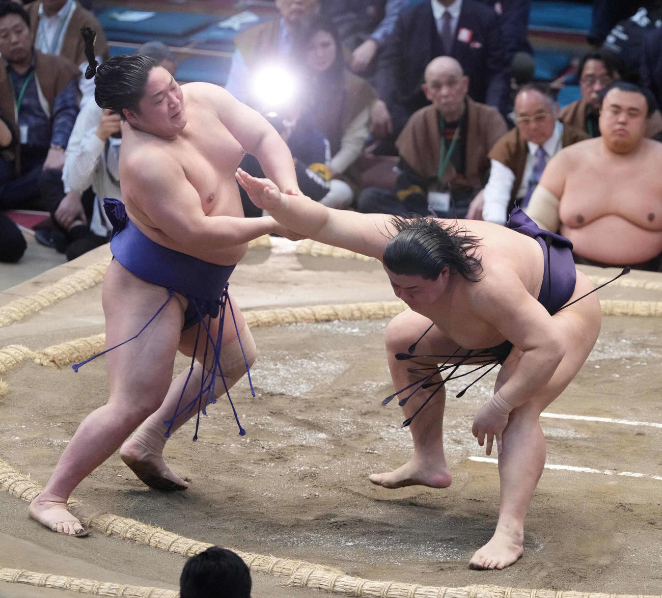 草野（右）は藤青雲を押し出しで破る（撮影・小沢裕）