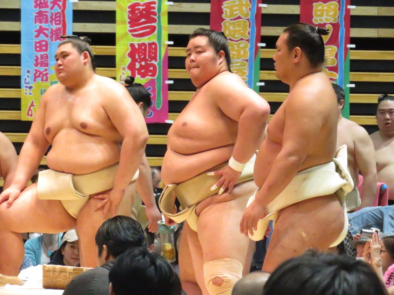 大田区で行われた巡業の朝稽古で、並んで立った手前右から豊昇龍、琴桜、大の里