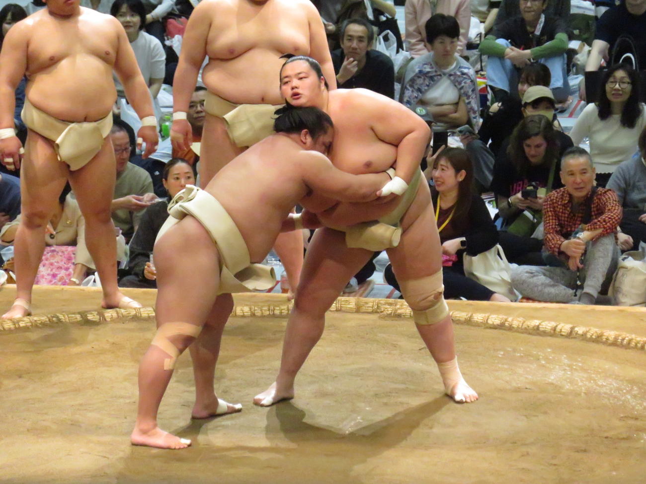 神奈川・川崎市で行われた巡業の稽古で、若隆景（左）と相撲を取る稽古を繰り返した琴桜