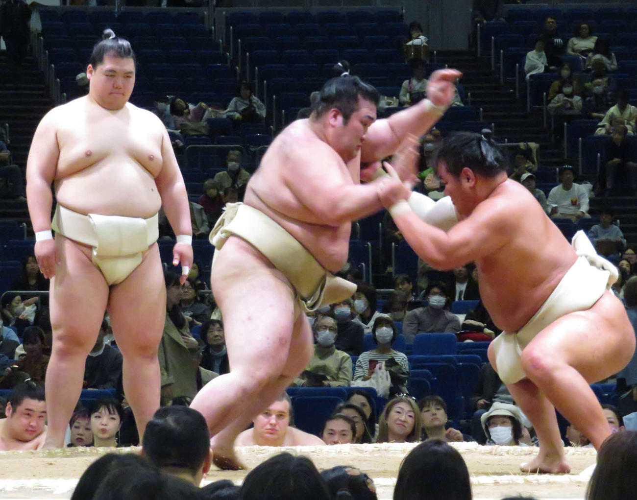 横浜市で行われた巡業で、豪ノ山（手前左）と稽古を繰り返した豊昇龍（同右）。左端は王鵬