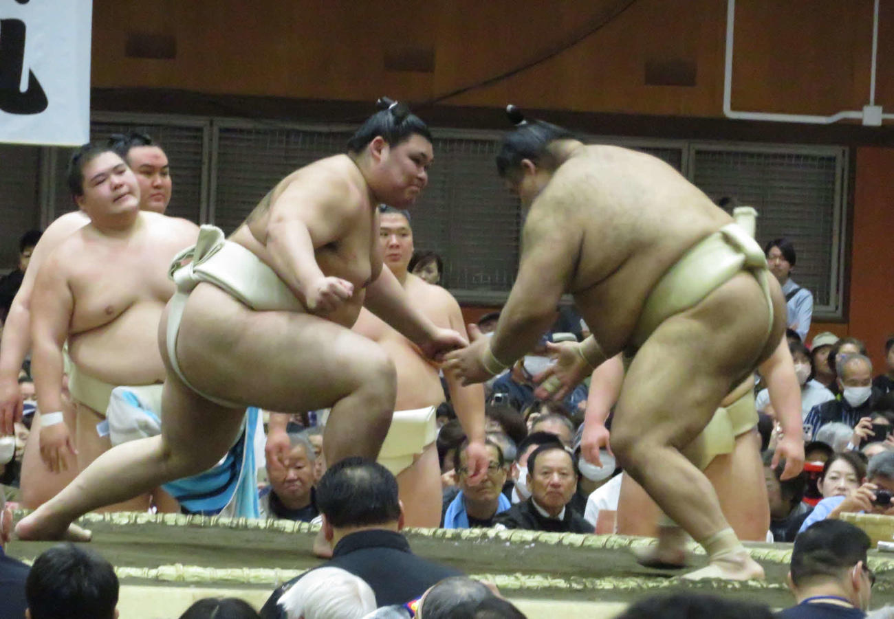 茨城・鉾田市で行われた巡業で、高安（右）にぶつかり稽古で胸を出した大の里