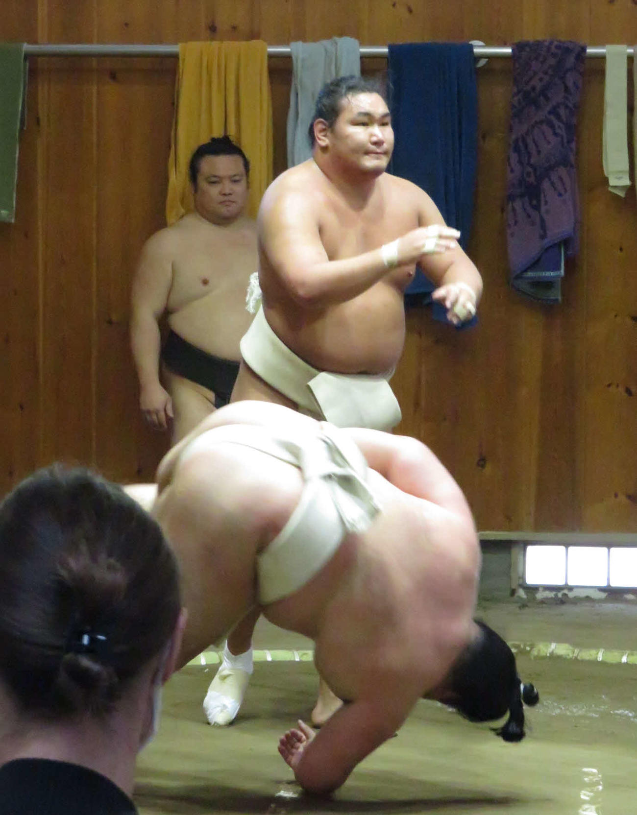 本格始動した豊昇龍（中央）は、ぶつかり稽古で明生（手前）に胸を出した