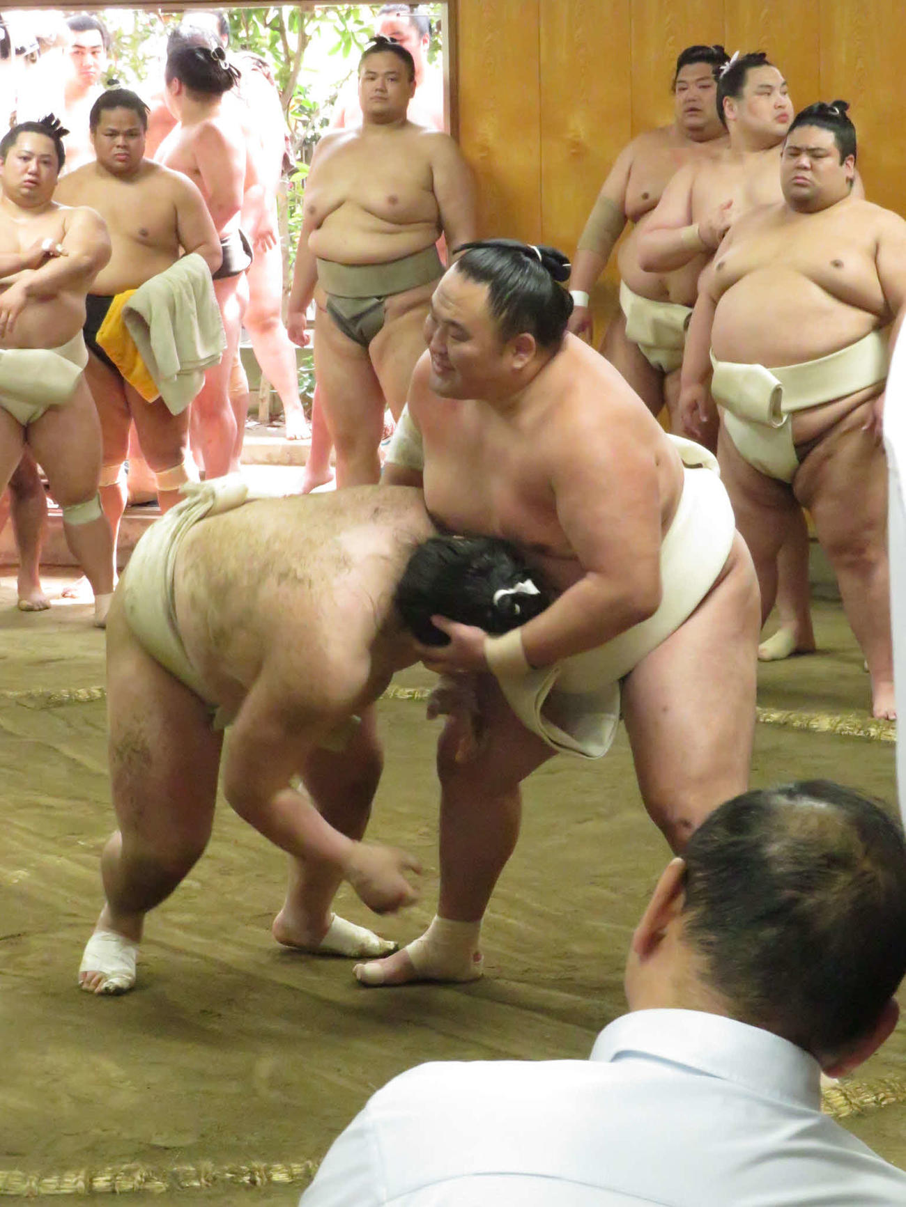 二所ノ関一門の連合稽古で、夢道鵬（中央左）に胸を出した玉鷲（同右）