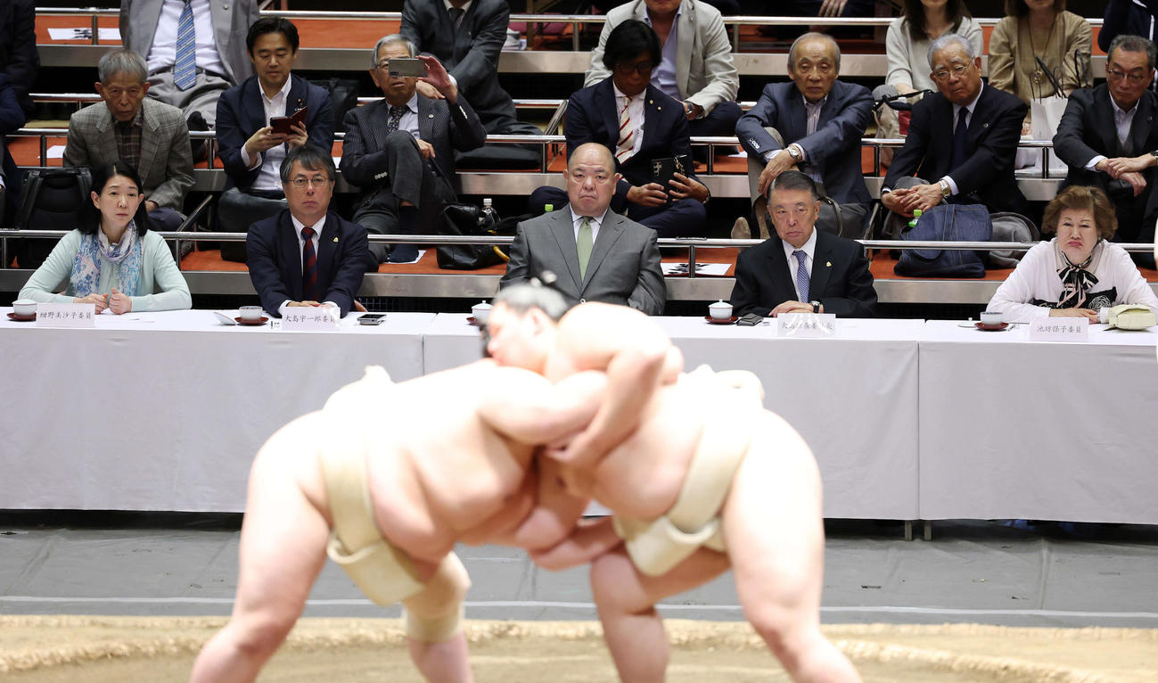 稽古を見つめる横綱審議委員会、左から紺野美沙子氏、大島氏、八角理事長、大島委員長、池坊氏（撮影・鈴木正人）