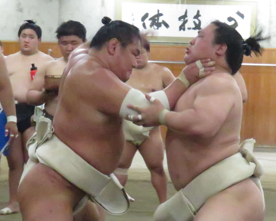 若隆景（右）をのど輪で攻める豊昇龍