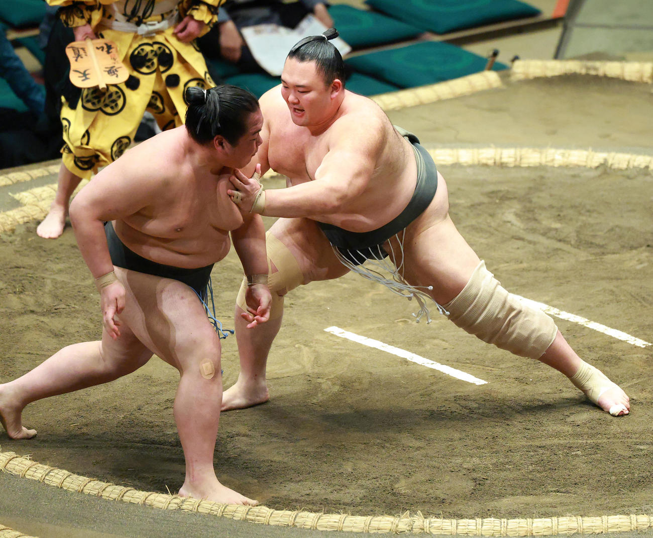 千代虎（左）を押し出しで破る朝乃山（撮影・中島郁夫）